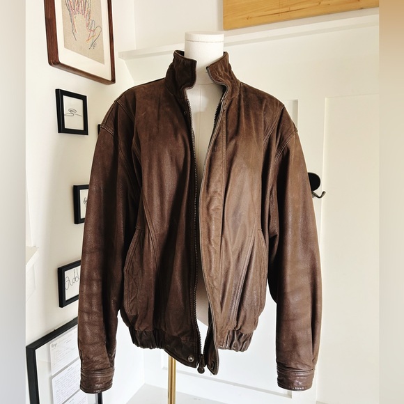 90s Vintage Members Only Brown Leather Bomber Jacket - Picture 1 of 11